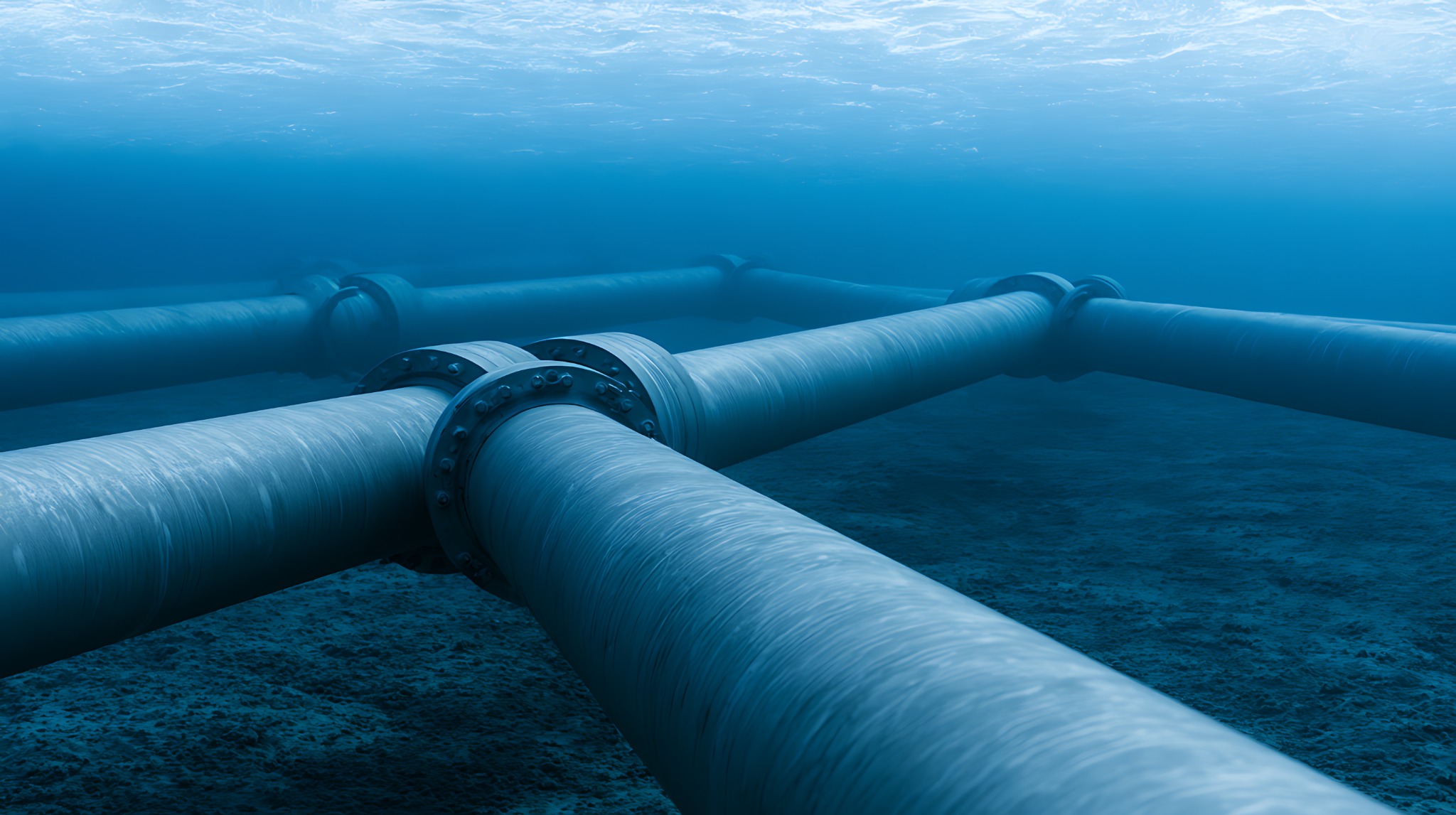Verbundene Rohrleitungen unter Wasser als Sinnbild für eine durchgängige Vertriebspipeline