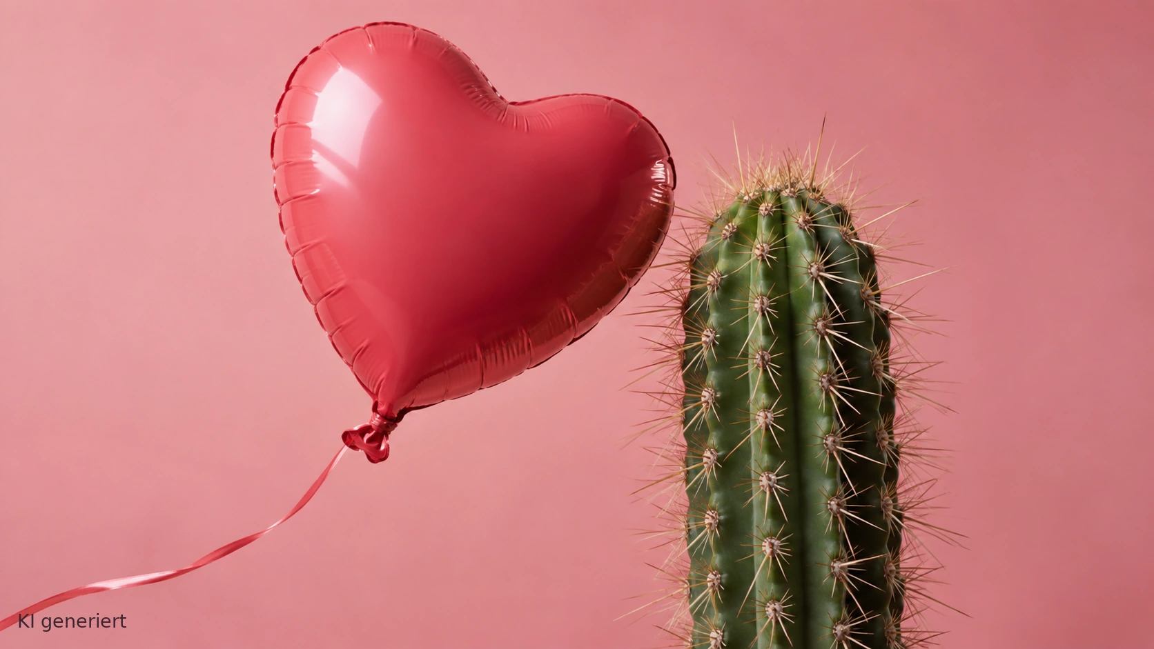 Roter Herzballon unmittelbar neben den Stacheln eines Kaktus – Symbol für eine Geschäftsidee auf dem Prüfstand, KI generiert.