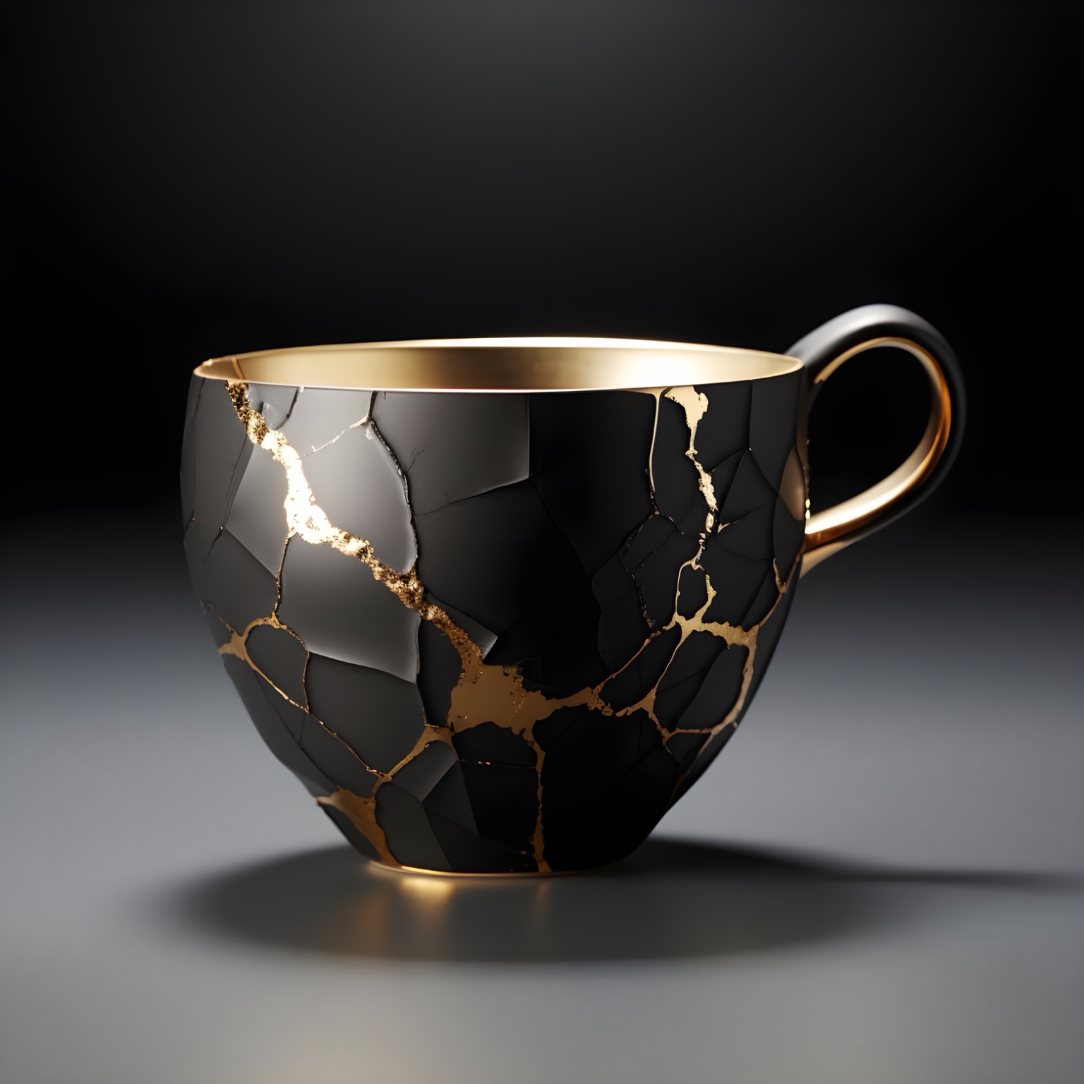 Schwarze Tasse mit goldenen Reparaturspuren als Symbol für ein konstruktives Kritikgespräch