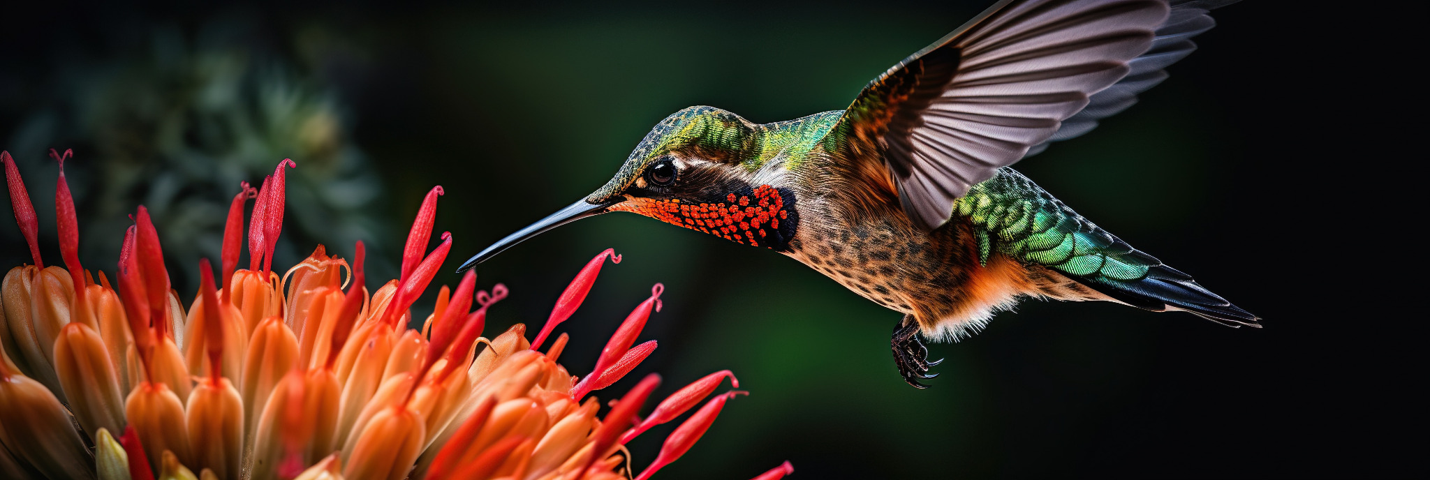 Kolibri im Flug vor einer orange-roten Blüte
