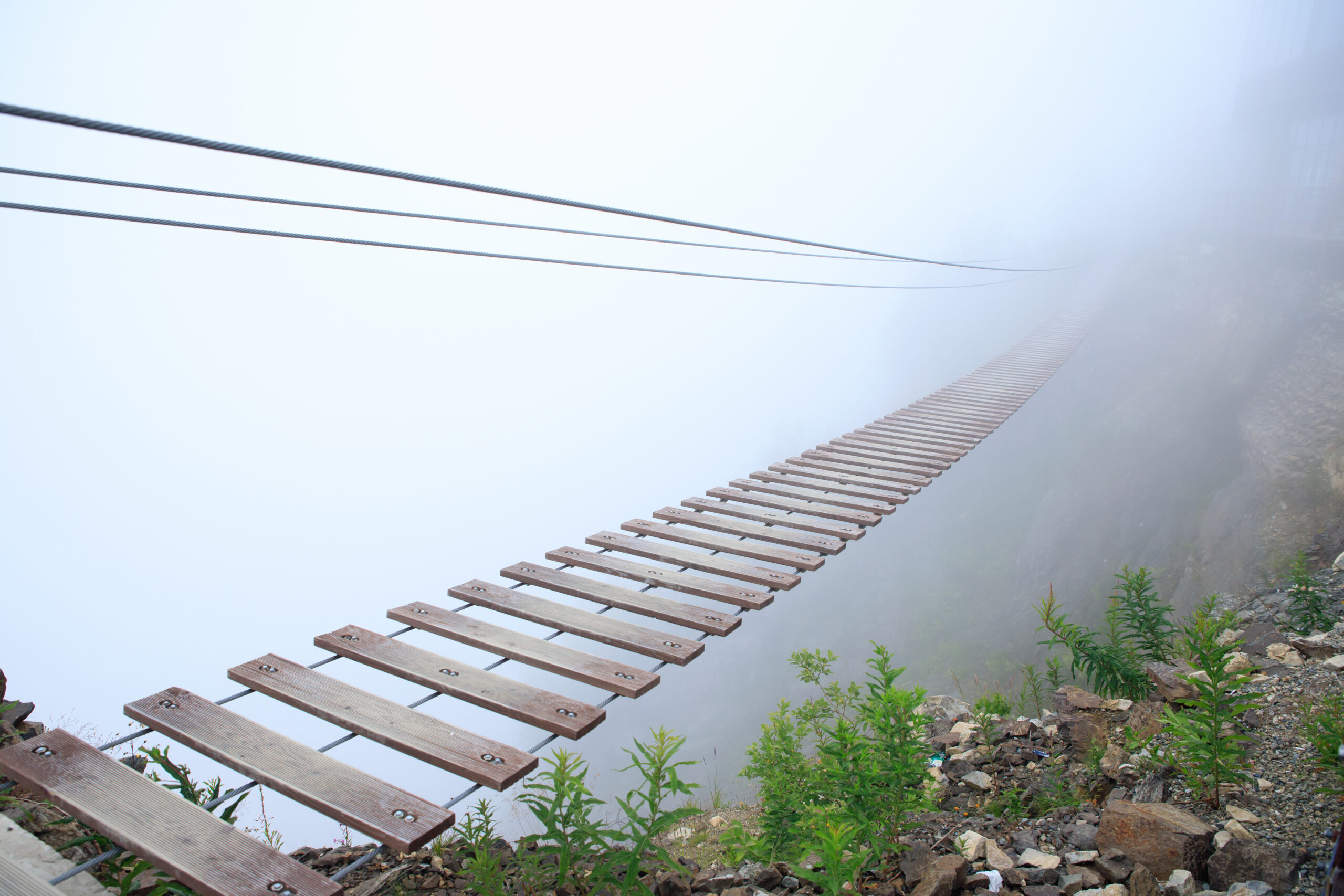 Eine Hängebrücke aus Holz führt durch dichten Nebel ins Ungewisse.