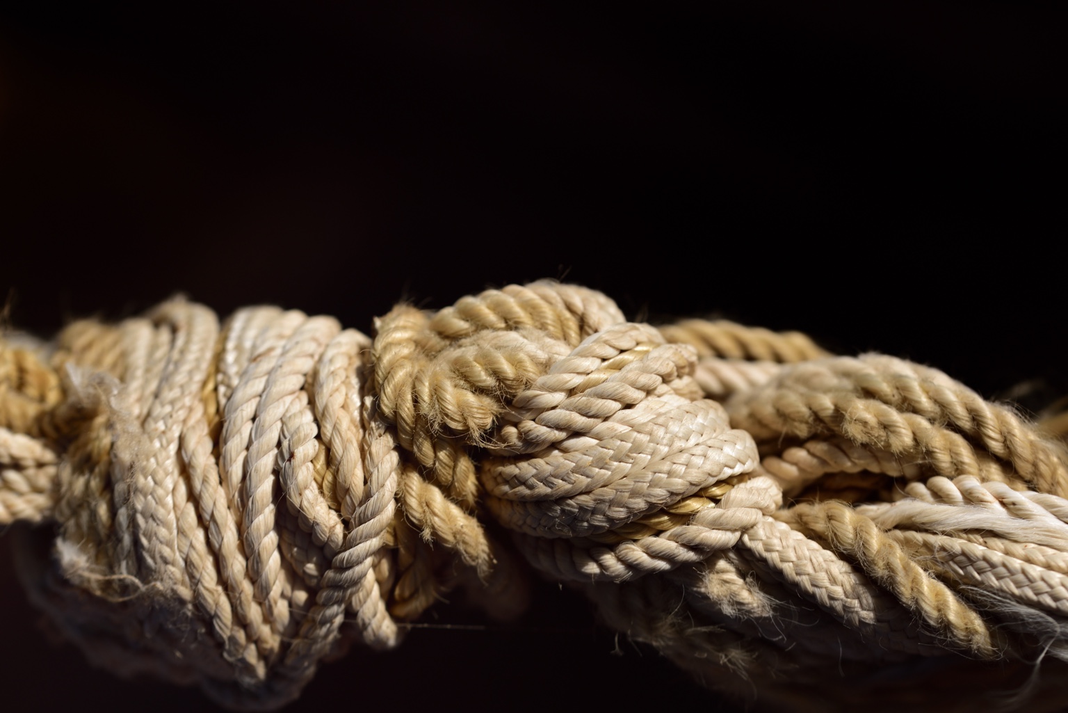 Mehrere fest verschlungene Knoten in einem hellen Seil vor dunklem Hintergrund